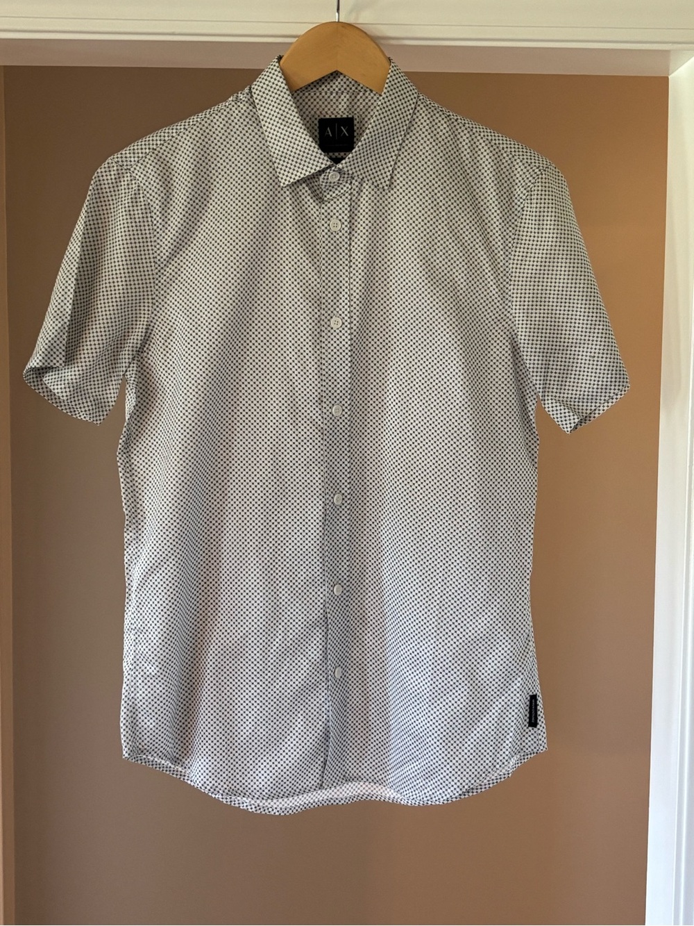 Armani Exchange White Short-Sleeve Button-Down with Black Micro-Dot Print